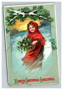 Vintage 1910's International Art Christmas Postcard Girl Red Scarf Mistletoe