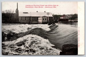 Janesville Wisconsin~Electric Plant~Upper Dam~Rock River~High Water~UDB Postcard