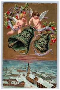 1909 Christmas Angel Cherub Bare Butt Holly Berries Bells Houses Winter Postcard