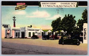 K49/ Chandler Oklahoma Postcard Linen Gibsons Court Route 66 Gas Station 191