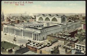 1912 birds'-eye view of Pennsylvania Railroad Depot in NYC color post card