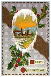 Boston MA Postcard Christmas Holly Berries House Chimney Embossed 1911 Antique