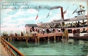 Postcard NY Chautauqua The Pier Crowds Boarding Steamer 1908 B1