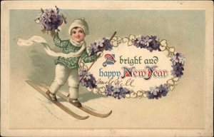 New Year Little Boy Skiing c1910 Vintage Postcard