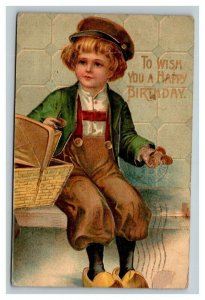 Vintage 1908 International Art Birthday Postcard Dutch Boy Picnic Basket Cookies