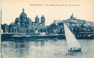 Navigation & sailing themed vintage postcard Marseille N.D. de la Garde sailboat