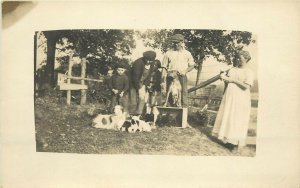 c1920 RPPC; Farm Family Poses w/ Their Dogs & Puppies, Unknown US Location