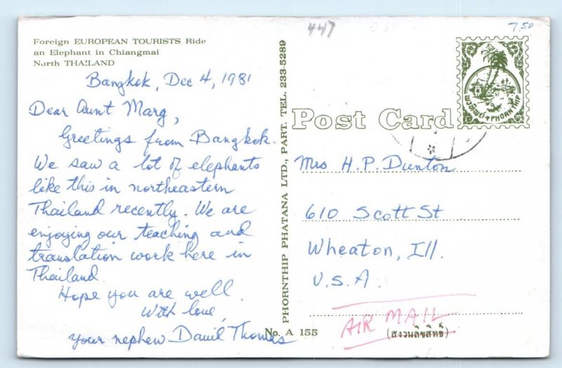 Tourists riding an Elephant in Chiangmai THAILAND Postcard