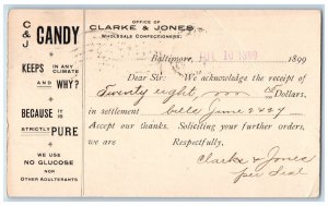 1899 Office Clarke & Jones Wholesale Confectioners Baltimore MD PMC Postal Card