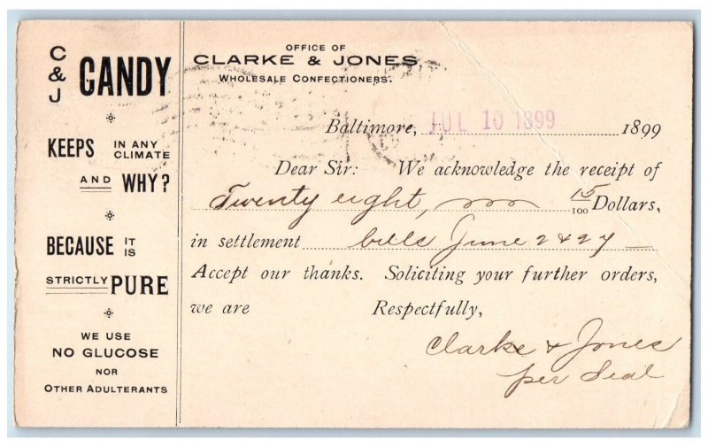 1899 Office Clarke & Jones Wholesale Confectioners Baltimore MD PMC Postal Card