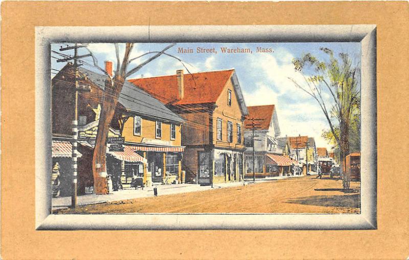 Wareham MA Main Street Storefronts Trolley Postcard