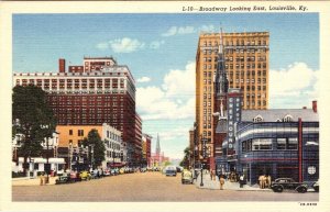 Louisville, KY Kentucky BROADWAY STREET SCENE Greyhound Bus Depot LINEN Postcard