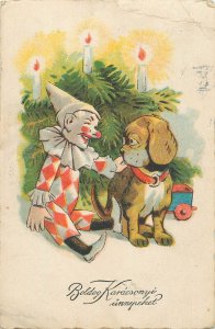 Christmas greetings postcard Hungary drawn harlequin and puppy dog fantasy 1932