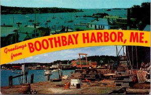 Vtg Greetings from Boothbay Harbor Maine ME Fisherman Wharf Dual View Postcard