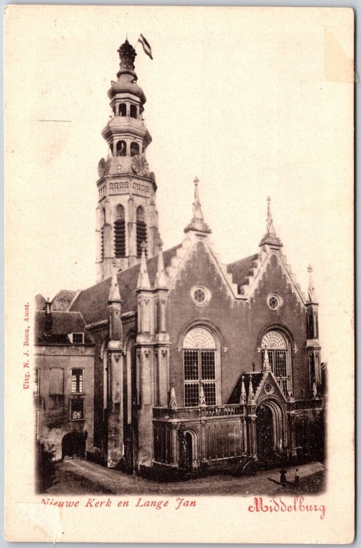 Nieuwe Kerk en Lange Fan Church Middelburg  Netherlands France Vintage Postcard