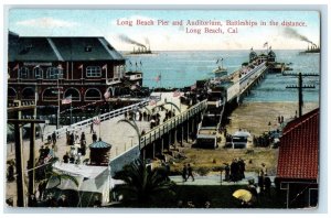 1910 Long Beach Pier Auditorium Battleships Port Long Beach California Postcard