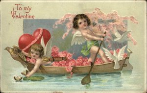 Valentine Fantasy Little Cupids Row Boat of Roses c1910 Art Nouveau PC
