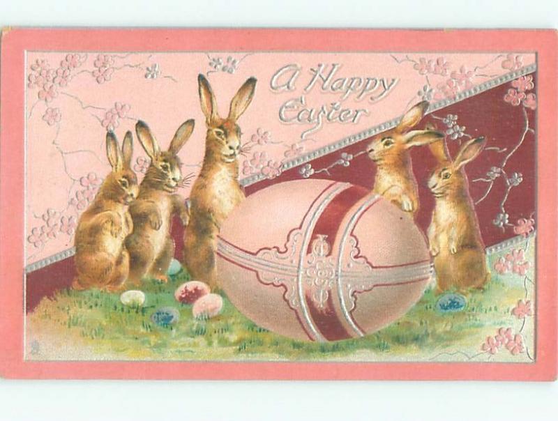 Pre-Linen Easter CUTE BUNNY RABBITS BESIDE BIG PINK EGG AB3514