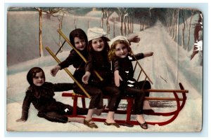 Girls Riding Sled Chicago Illinois 1911 Gel Antique Sledding Postcard 