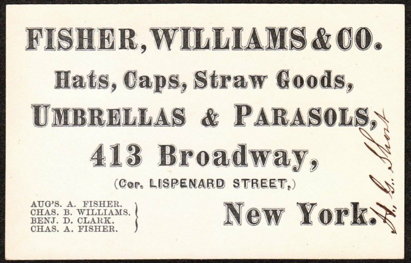 Fisher Williams & Co – letterhead/card – Umbrellas & Parasols.. – 1867