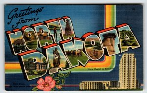 Greetings From North Dakota Large Big Letter Linen Postcard Unposted Vintage