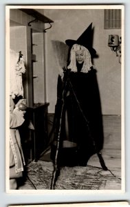 Halloween Postcard Real Photo Witch Girl Broom Cauldron RPPC Vintage Unposted