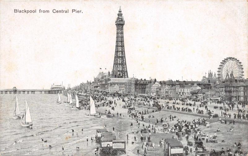 BLACKPOOL LANCASHIRE UK VIEW FROM CENTRAL PIER POSTCARD 1910s FERRIS WHEEL