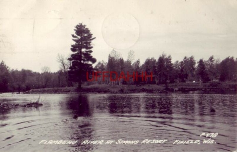 1949 RPPC - FLAMBEAU RIVER AT SIMONS RESORT, FIFIELD, WI swimmer in the water