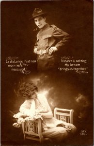 Vtg RPPC WWI Soldier Romance Distance Is Nothing Dream Brings Us Together