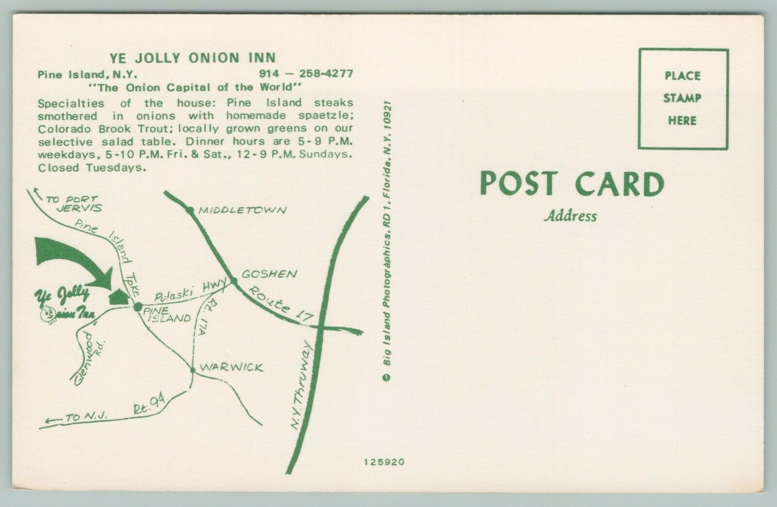 Pine Island New YorkYe Jolly Onion InnExterior & Dining RoomMap on