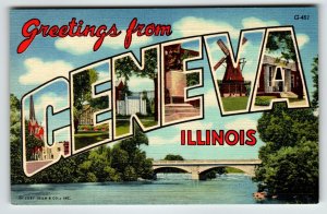 Greetings From Geneva Illinois Large Letter Linen Postcard Unused Curt Teich