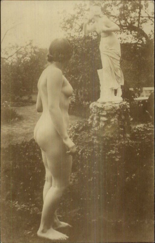 Nude Woman in Garden Sees Nude Statue c1910 Real Photo Postcard