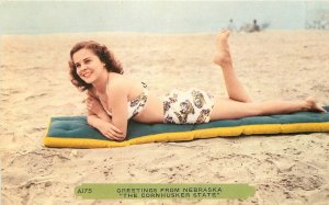Postcard 1953 Nebraska Sexy woman bathing suit beach Rembrant 22-12174