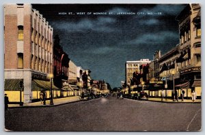 Jefferson City MO~High Street West of Monroe Street B&W~Vintage Linen Postcard