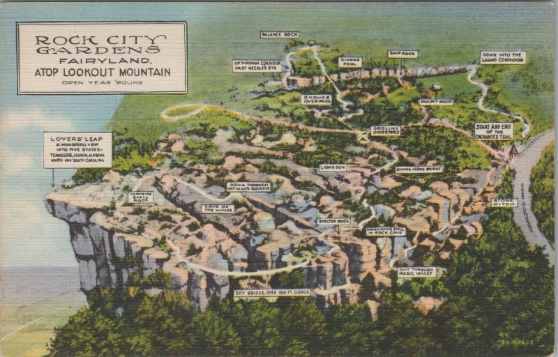 c1940s Fairyland Rock City Gardens Lookout Mountain TN birds eye map linen F56 