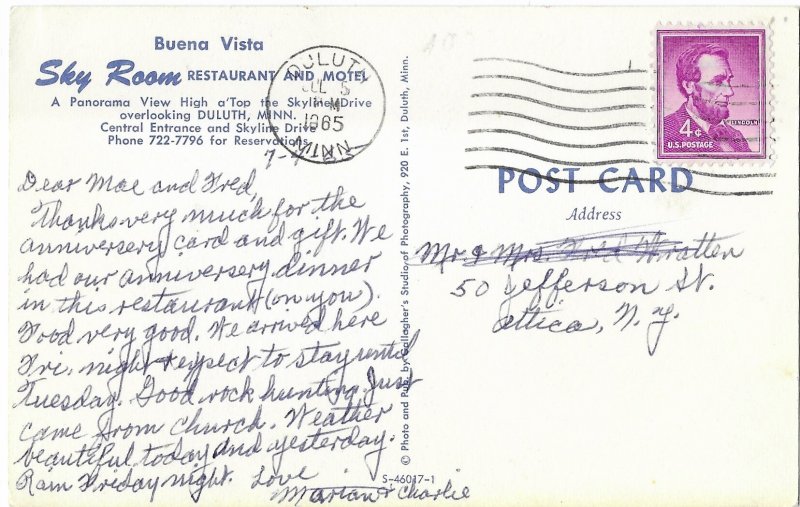 The Sky Room Restaurant and Motel Duluth Minnesota Mailed 1965