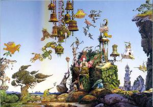 FANTASY WORLD by Patrick Woodroffe Moon Castle airship Russian postcard