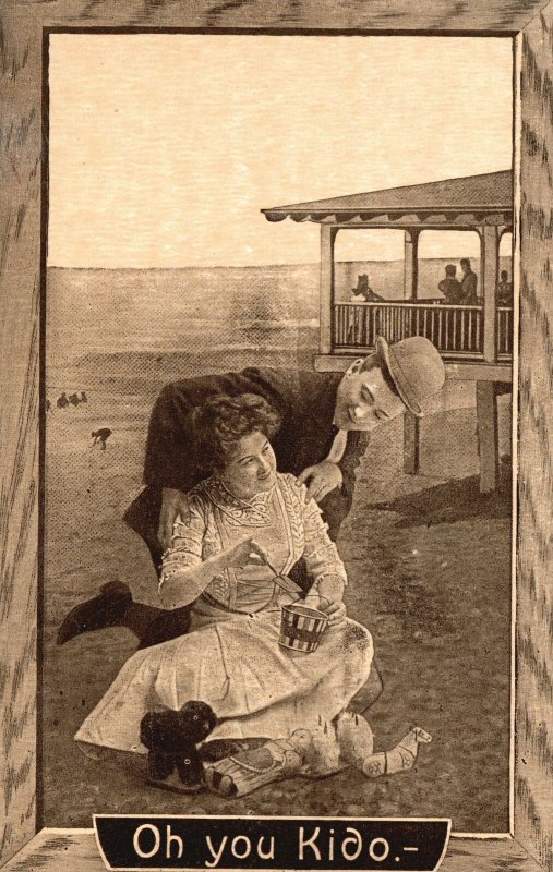 Vintage Postcard Lovers Couple Lady Witchcraft Dolls At The Beach Romance