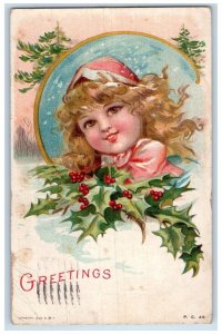 1911 Christmas Greetings Girl Holly Berries Winter Indianapolis IN Postcard