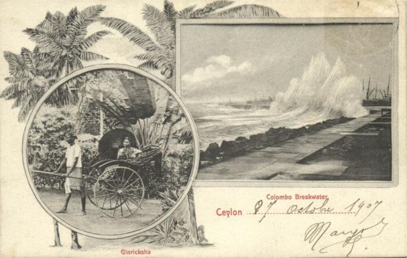 ceylon, COLOMBO, Mutiview, Ginricksha Driver, Breakwater (1907)