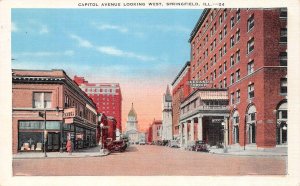 Springfield, IL Illinois  CAPITOL AVENUE Street Scene~Drug Store~Hotel  Postcard