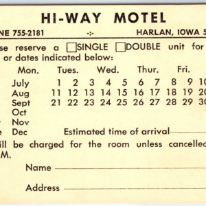 c1950s Harlan, IA Hi-Way Motel Reservation Prepaid Postcard Hwy 59 & 64 Inn A157