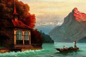 Vtg Postcard 1907 Scenes in Switzerland Postcard - Boat & Chapel on Water