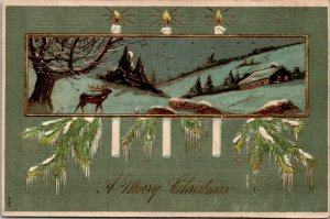 Deer Cabin Winter Scene Candles Fir Branches Postcard