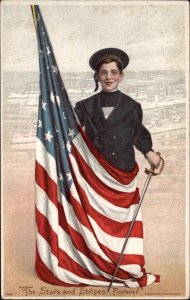 Patriotic Boy with Sword Wrapped in American Flag Pre-1910 Vintage Postcard