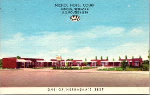 Linen Postcard Nichol Hotel Court US Routes 6 & 34 in Minden, Nebraska