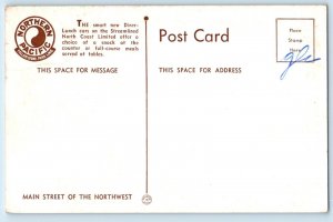 c1940 Postcard Northern Pacific Streamlined Diner-Lunch North Coast Advertising