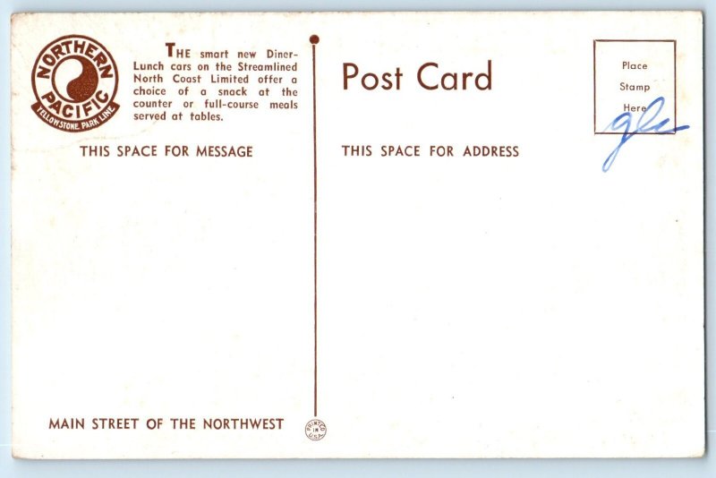 c1940 Postcard Northern Pacific Streamlined Diner-Lunch North Coast Advertising