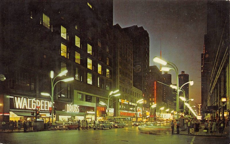 State Street at Night Cars Walgreen Drug Chicago Illinois 1969 postcard