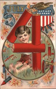 Fourth of July Little Boy Giant Fireworks Patriotic c1910 Vintage Postcard